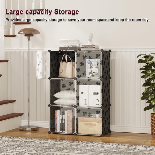 C&AHOME Cube Storage Organizer with Doors, 6-Cube Shelves, DIY Plastic Modular Bookshelf, Closet Clothes Storage Shelving Ideal for Bedroom, Living Room, Clover Embossed, Black