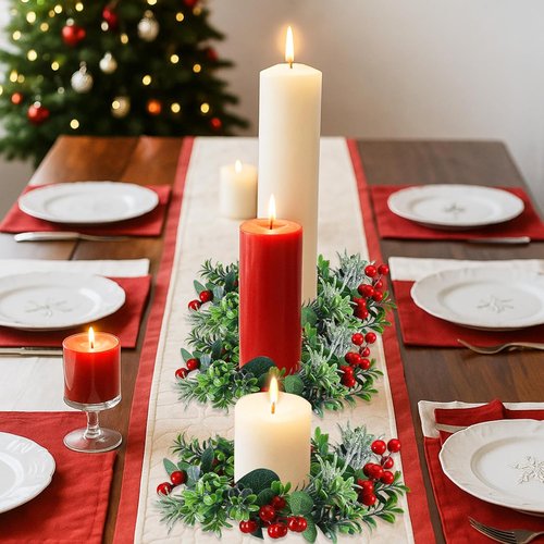 Daifunli Mini Wreaths - 8 Inch Christmas Candle Rings with Artificial Red Berries & Eucalyptus | Perfect for Home Decor