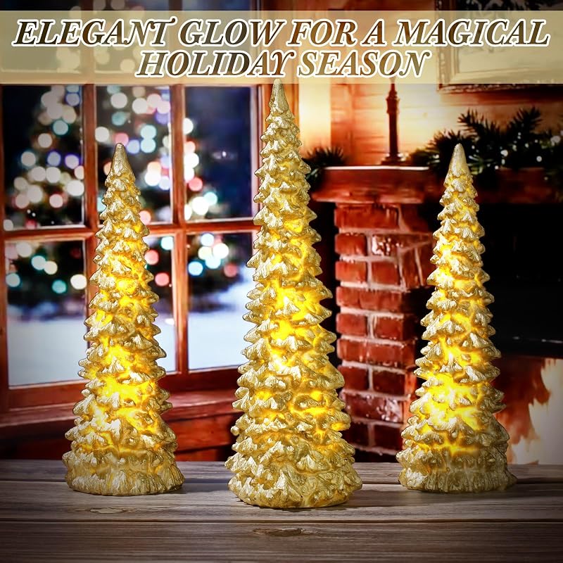 Gold 3-Pieces Lighted Christmas Tree Figurines Set – 11" & 9" Tabletop Ornaments (Variation: Gold)