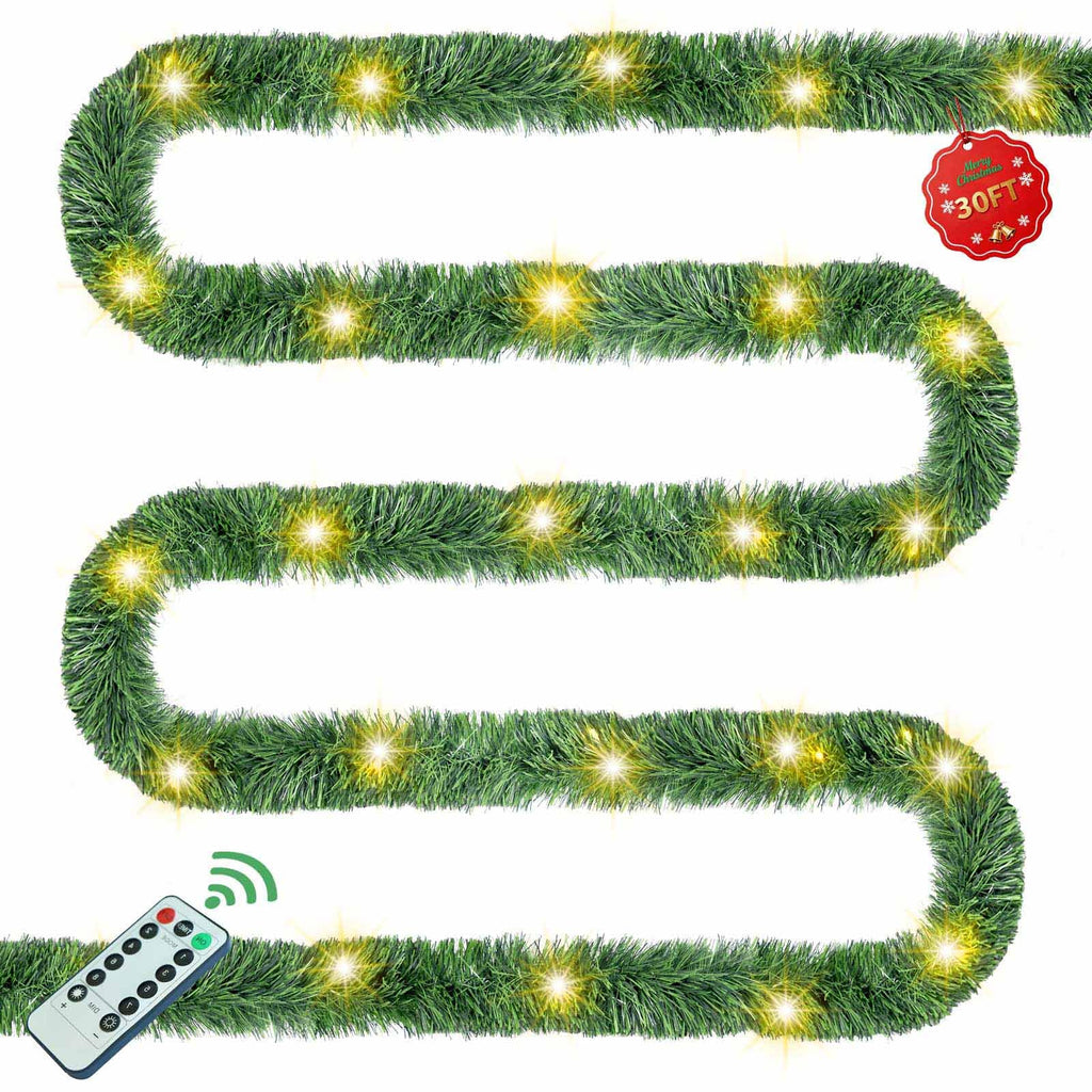 Christmas Garland with Lights, 30 Feet 50 Led Battery Operated Pre-Lit Long Garland Remote Timer for Stairs Railing Fireplace Mantle Office Door Frame Decor Green Greenery Indoor Outdoor Decorations