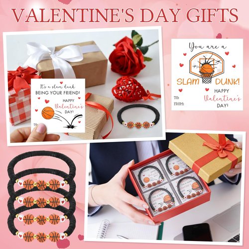 Hinly 36 Set Valentine's Day Basketball Gift for Team Basketball Bead Bracelets with Valentine's Day Cards Novelty Exchange Gifts Sports Party Favors for Team Lovers Players