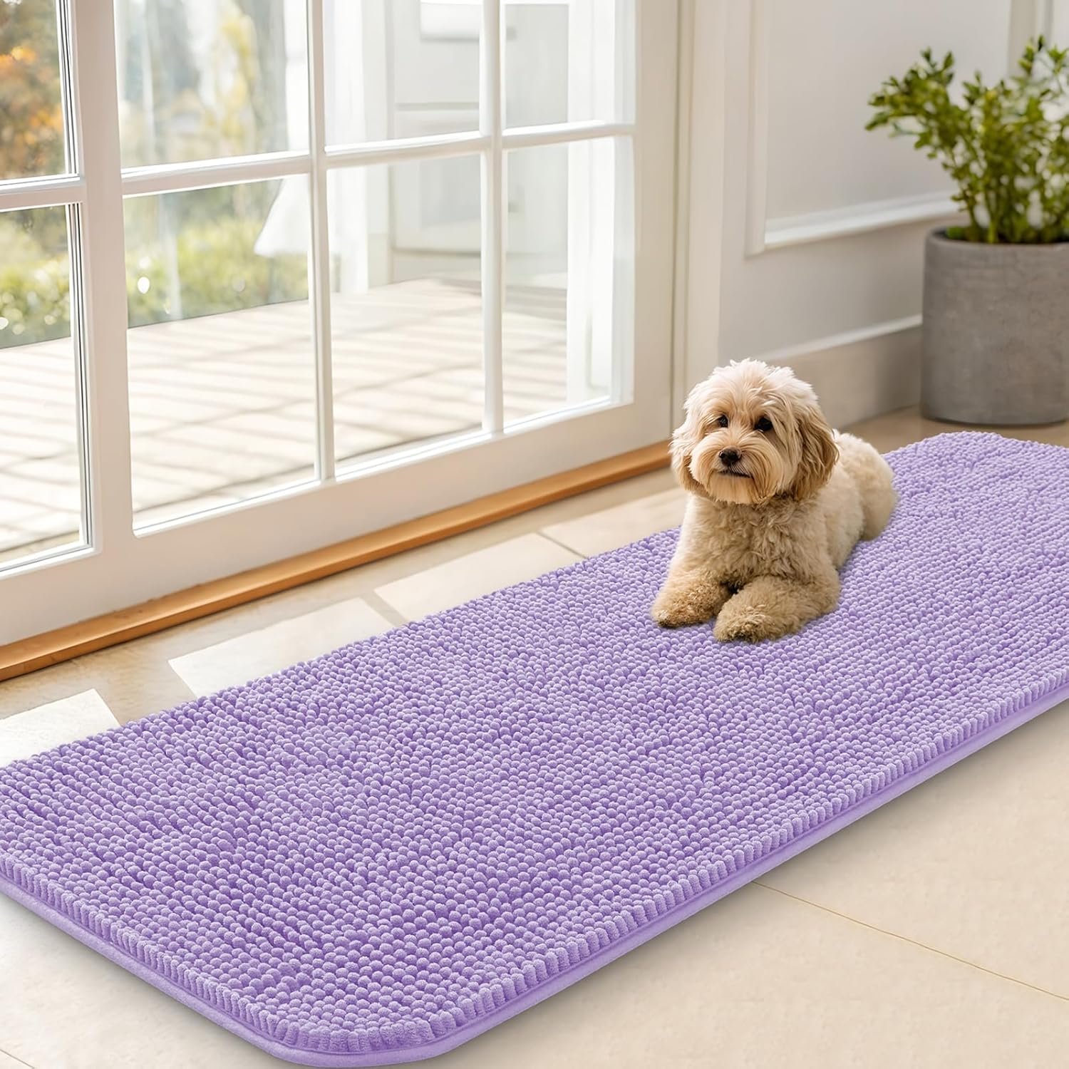 OLANLY Dog Door Mat - Absorbent Non-Slip Washable Doormat for Muddy Paws | 59x20 Lavender Size