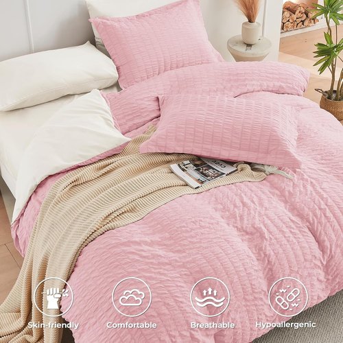 HYMOKEGE California King Comforter Set - Luxurious 7-Piece Seersucker Bedding in Pink/Ivory