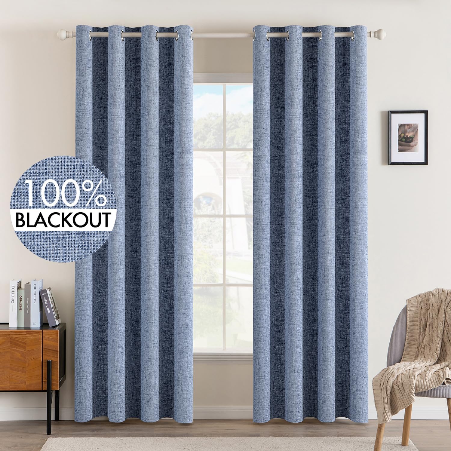 MIULEE Blackout Curtains - 100% Thermal Insulated Linen Texture Drapes | Stone Blue, 52x84 Inch (2 Panels)
