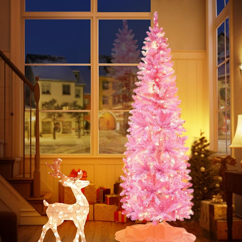 6ft Prelit Pink Artificial Slim Christmas Tree with 240 Warm LED Lights - Variation: Pink