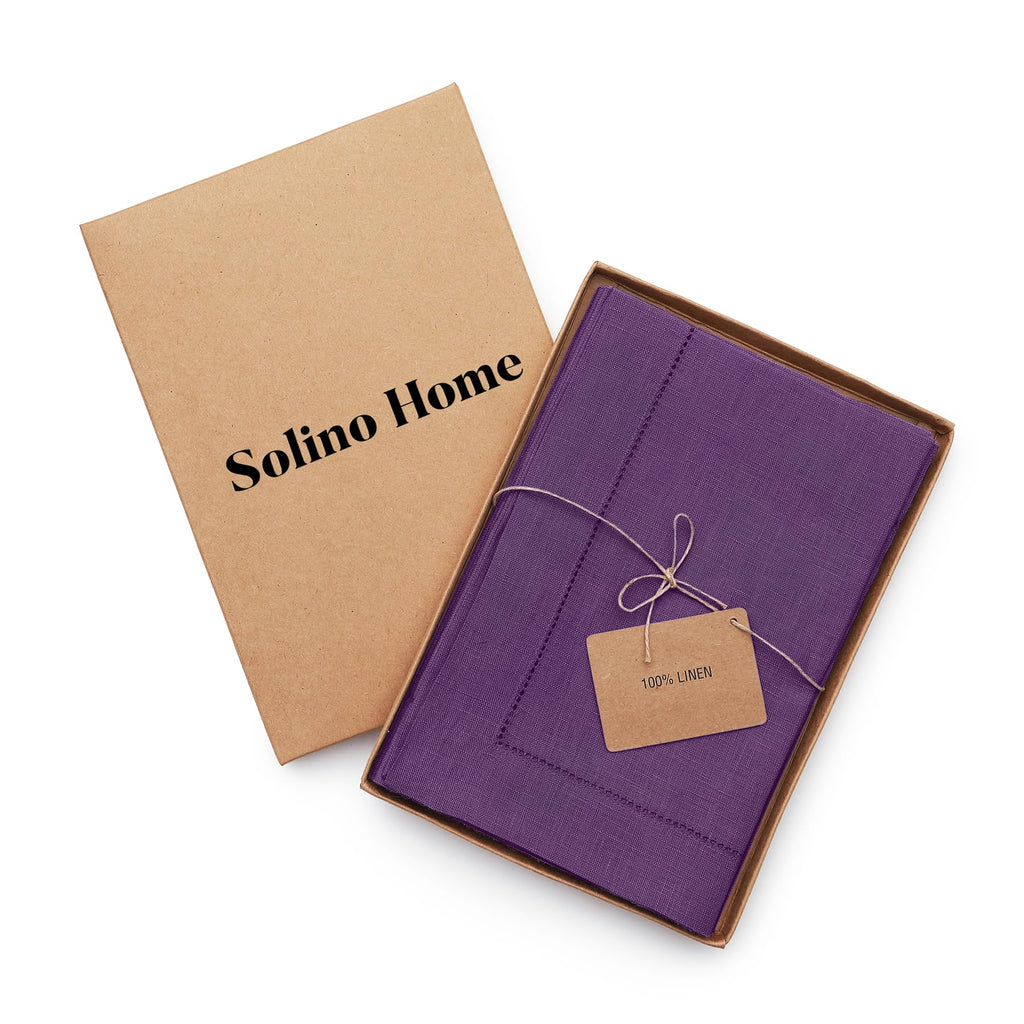Solino Home Purple Linen Napkins Set of 6-100% Pure Linen Hemstitch Dinner Napkins 20 x 20 Inch for Mothers Day, Spring, Summer - Classic Hemstitch