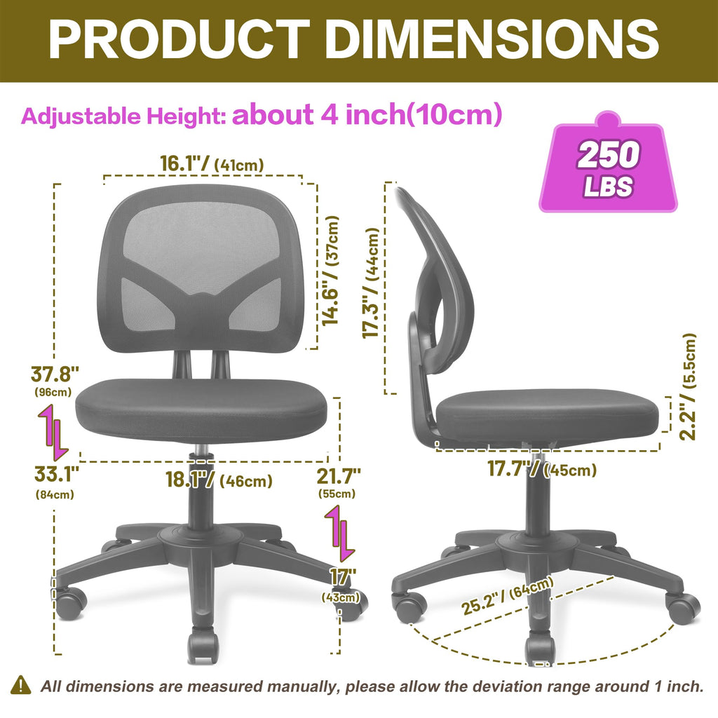 Swivel Armless Office Desk Chair No Arms with Back Support Rolling Wheels for Small Spaces Adult