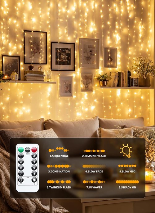 Brightown 300 LED Fairy Curtain Lights - 9.8ft x 9.8ft String Lights with Remote | USB Plug, 8 Lighting Modes, Warm White - 2 Pack