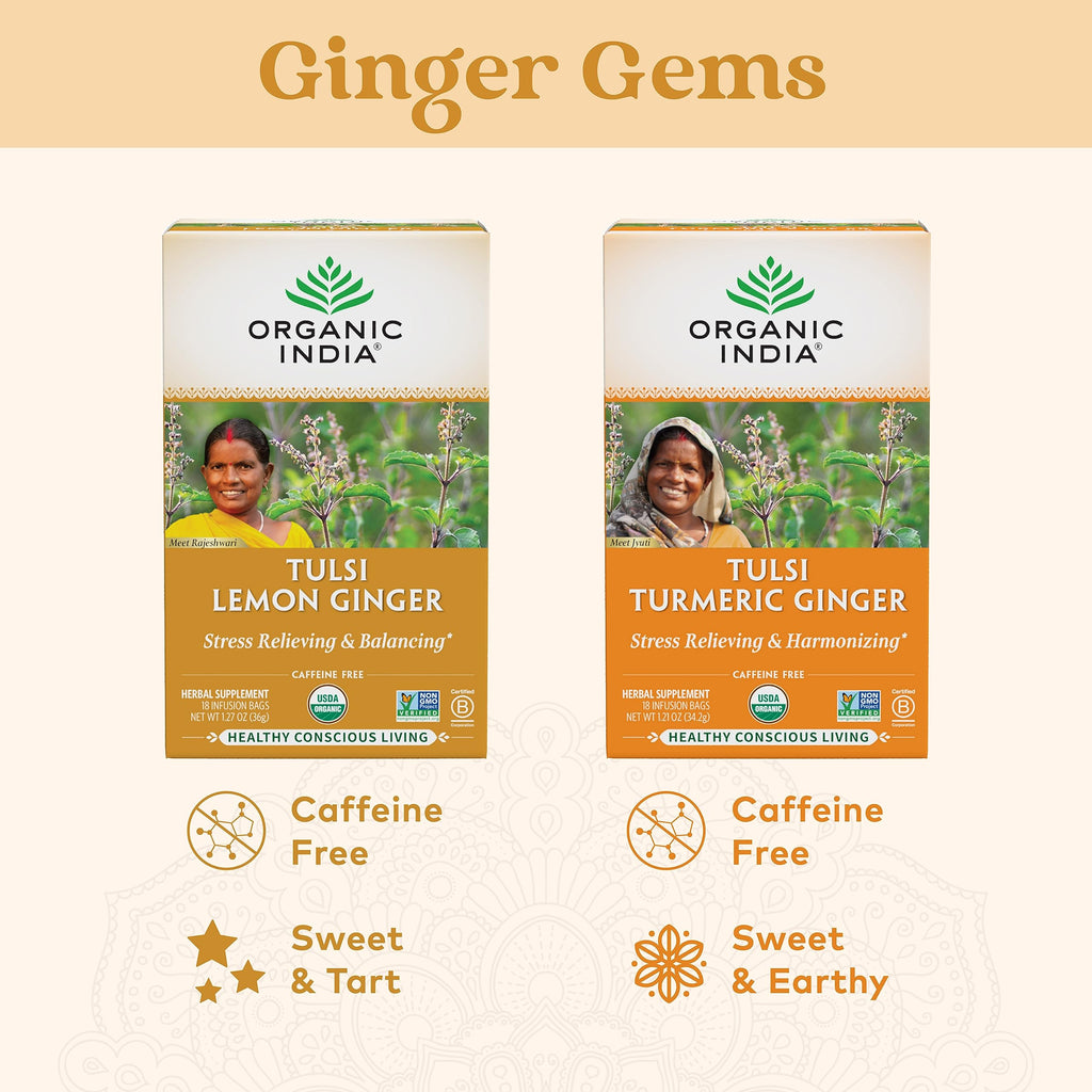 Organic India Tulsi Lemon Ginger Herbal Tea - Stress Relieving & Reviving, Immune Support, Aids Digestion, Vegan, USDA Certified Organic, Non-GMO, Caffeine-Free - 18 Infusion Bags, 3 Pack