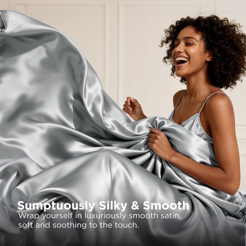 Bedsure Satin Sheets Queen Size - 4 Piece Silky Bedsheets with Elastic Corner Straps and 15 Inches Deep Pocket Fitted Bedsheet,1 Flat Sheet, 2 Satin Pillowcases, Good for Hair &Skin(Queen,Silver Grey)