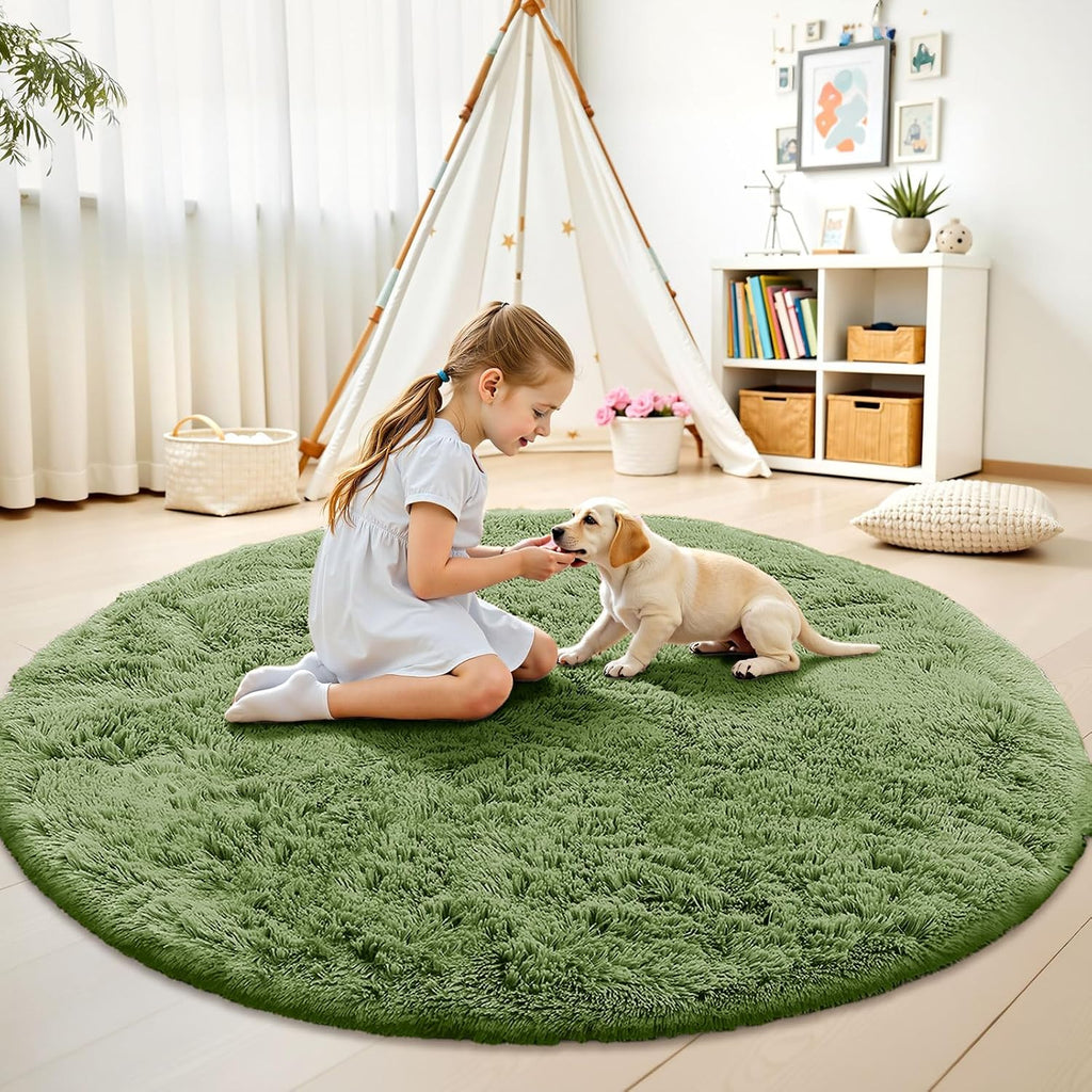 OLANLY Green Round Area Rug - Soft & Fluffy 5 ft Machine Washable Carpet for Bedroom & Living Room Decor