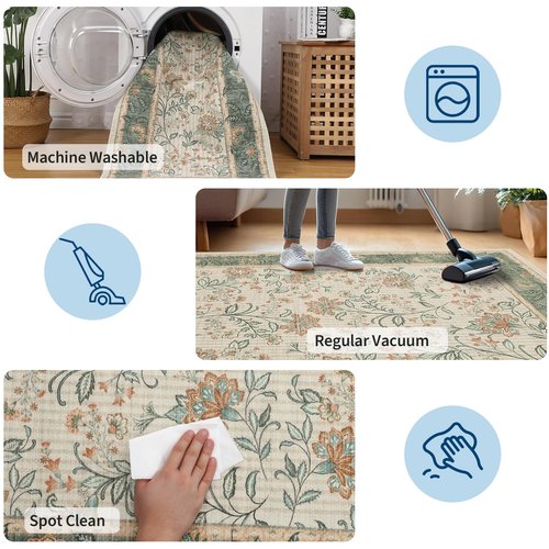 GarveeHome 5x7 Christmas Area Rug Sage Green Washable Rugs for Living Room Bedroom, Soft Low Pile Non Slip French Country Floor Mat Botanical Floral Print Throw Rug Indoor Carpet Dining Room Playroom
