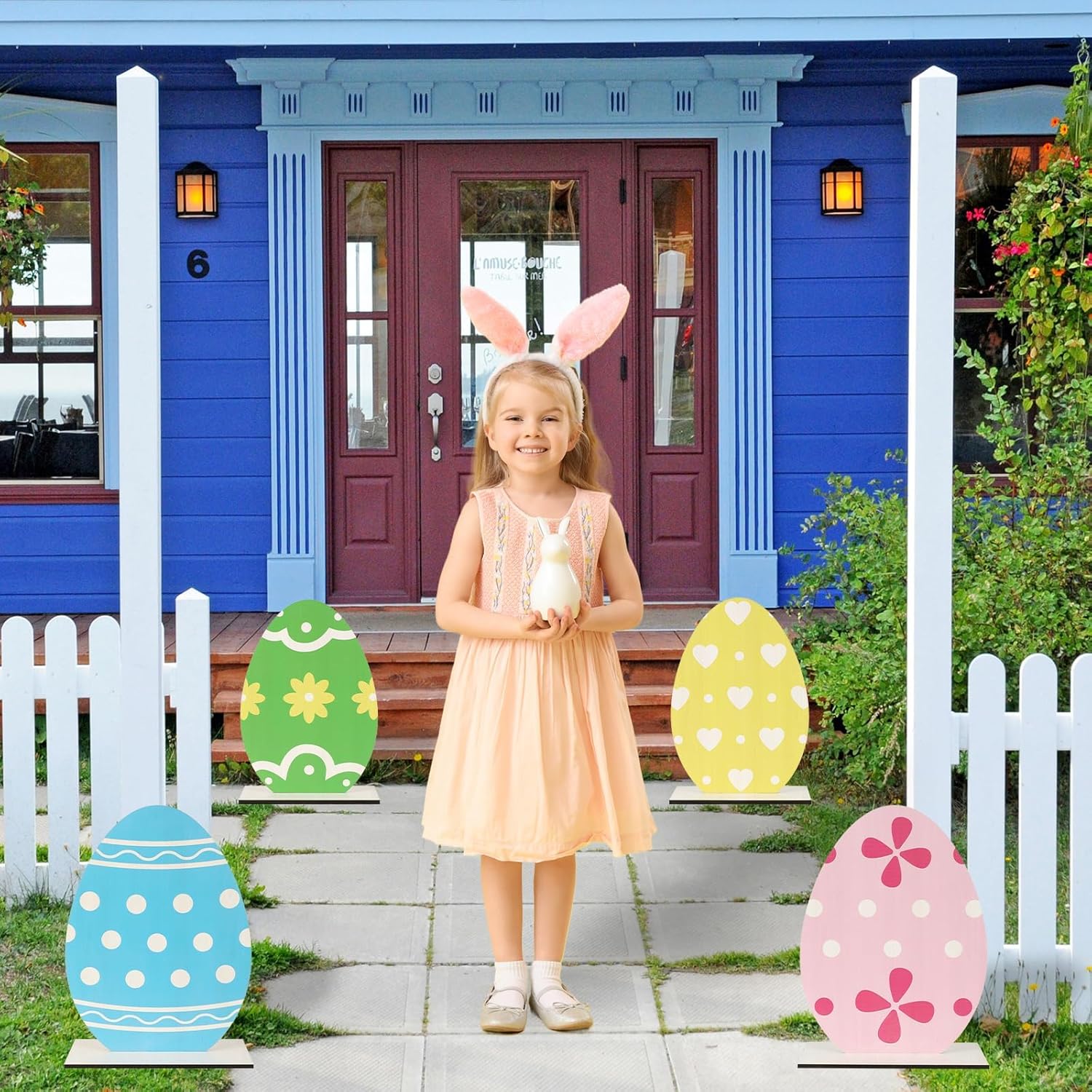 Skiennix Large Easter Egg Yard Decorations - Colorful Wooden Porch Signs for Outdoor Spring Decor