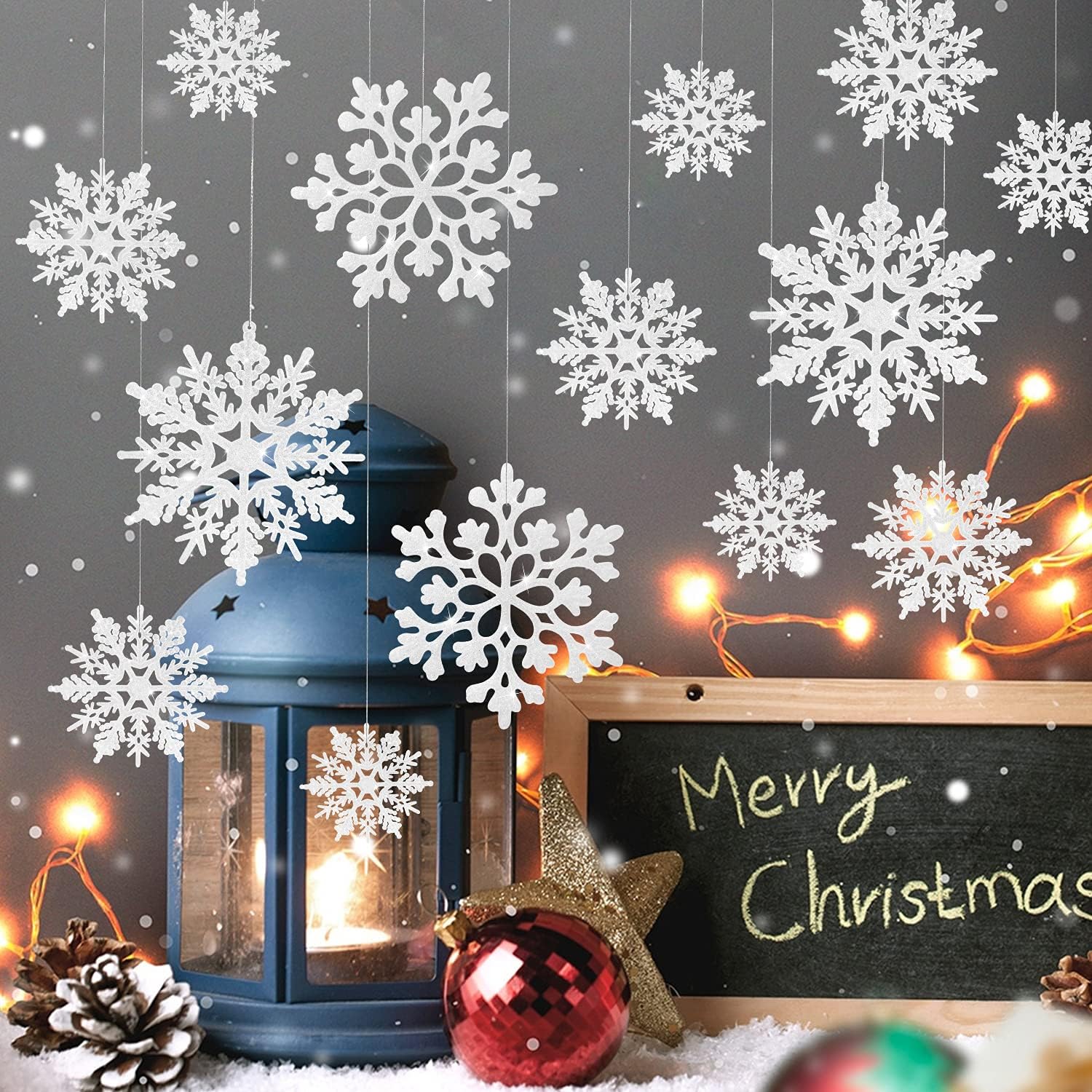 Skiennix White Glitter Snowflake Ornaments - 46 Pcs Assorted Sizes for Winter Wonderland Decor