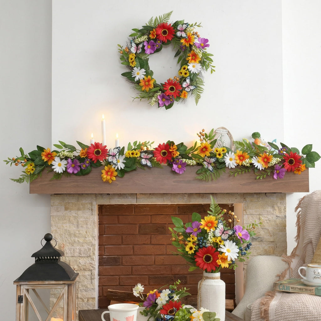 Valery Madelyn 6FT Spring Garland for Mantle, Artificial Flower Garland with Daisy Leaves Butterfly for Home, Fireplace Garland with Lights Backdrop Decor