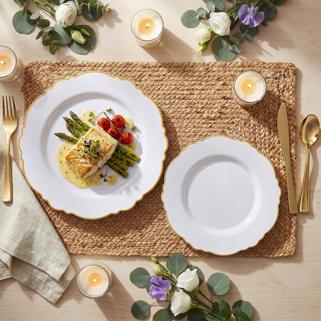 WDF 100pcs Gold Plastic Plates - High-end Baroque Design - Heavy Duty White &Gold Wedding Plates Set Ideal for Party/Wedding/Birthday