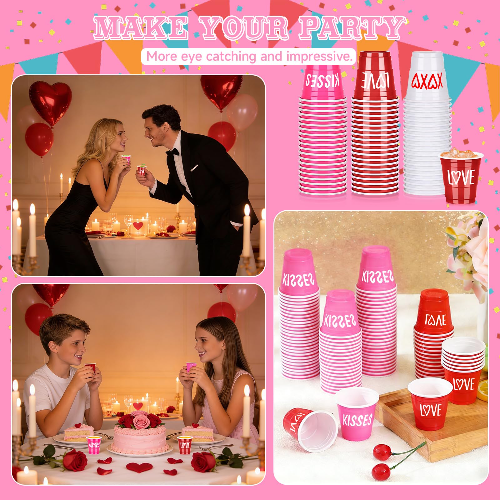 Pineburg Mother's Day Shot Glasses 100 Pack 2oz Red Pink White Cups with Heart XOXO Design for Mom's Day Party, Brunch, Celebration & Gifts
