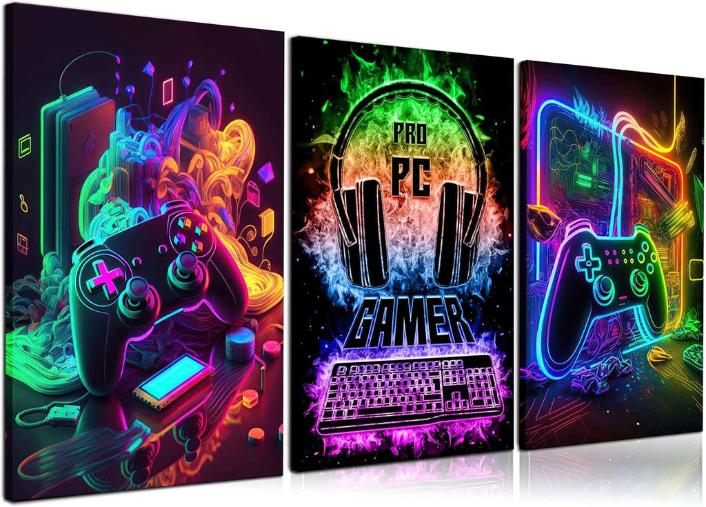 PPV Gaming Wall Art - Retro Video Game Canvas Prints | Colorful Neon Gamepad Posters for Boys' Room 12x16in