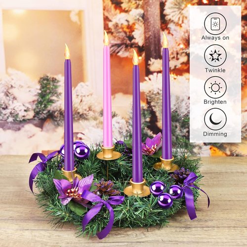 Fovths 12-Inch Christmas Advent Wreath - Flameless Taper Candles with Remote Control | Purple Centerpiece Decor