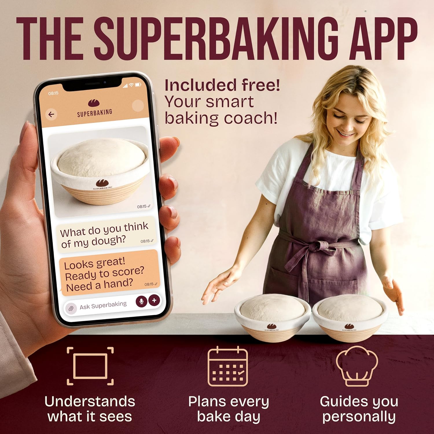 Superbaking Banneton Bread Proofing Basket Set - 9" Round Rattan with Liners for Sourdough Baking
