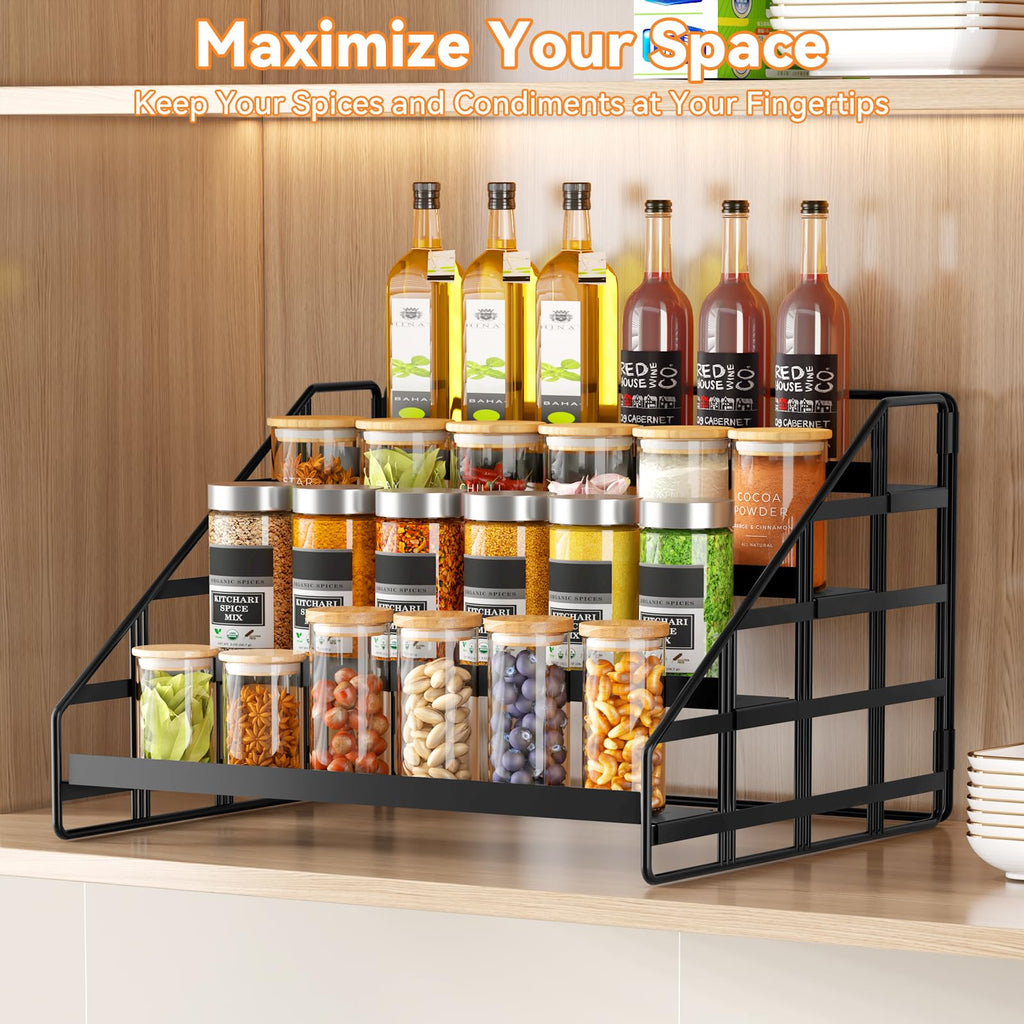 Bunoxea Spice Rack 4 Tier Kitchen Cabinet Organizer,Countertop Spice Rack,Tier Depth Adjustable Cabinet Shelf,Step Spice Organization Easy Visibility,Holds Seasoning and Condiments