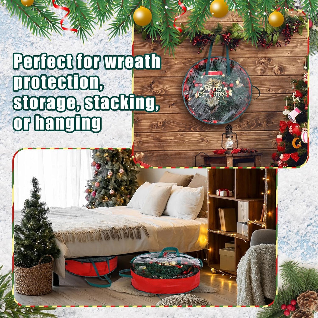 Shappy Wreath Storage Bag - 8 Pcs Red Clear Window Containers with Handle for Holiday Decor