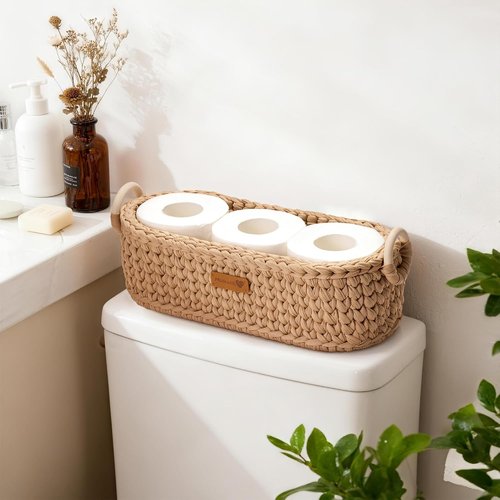 Handwoven Basket by [Brand Name] - Stylish Toilet Paper Storage with Wooden Base & Handles | Boho Decor (Brown)