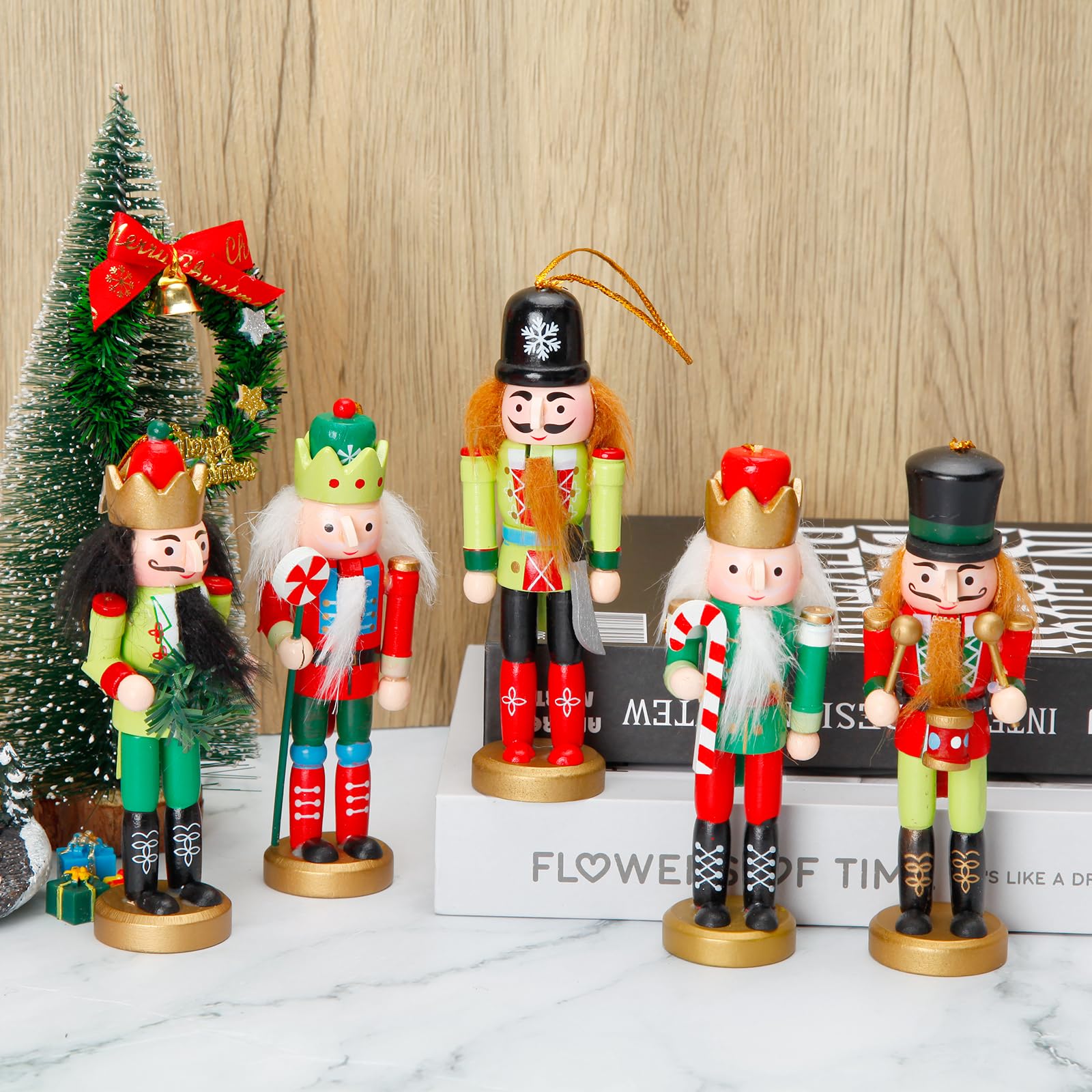 ZJEFUNS 5PCS Christmas Nutcracker Ornament Set - Wooden Nutcracker Figures Soldier Xmas Decorations for Tree Table Decor Gifts
