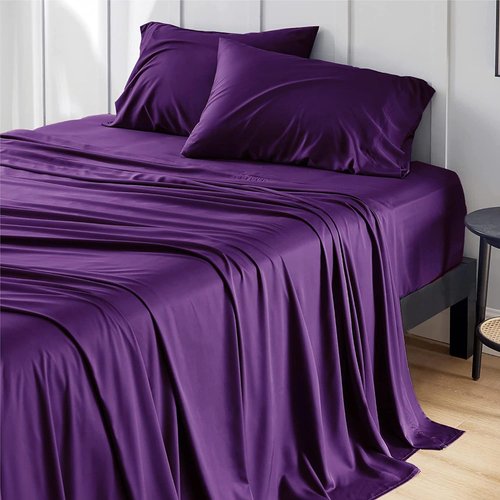 Bedsure Queen Sheet Set - Cooling Rayon From Bamboo | Breathable & Soft Hotel Luxury Bedding, Plum
