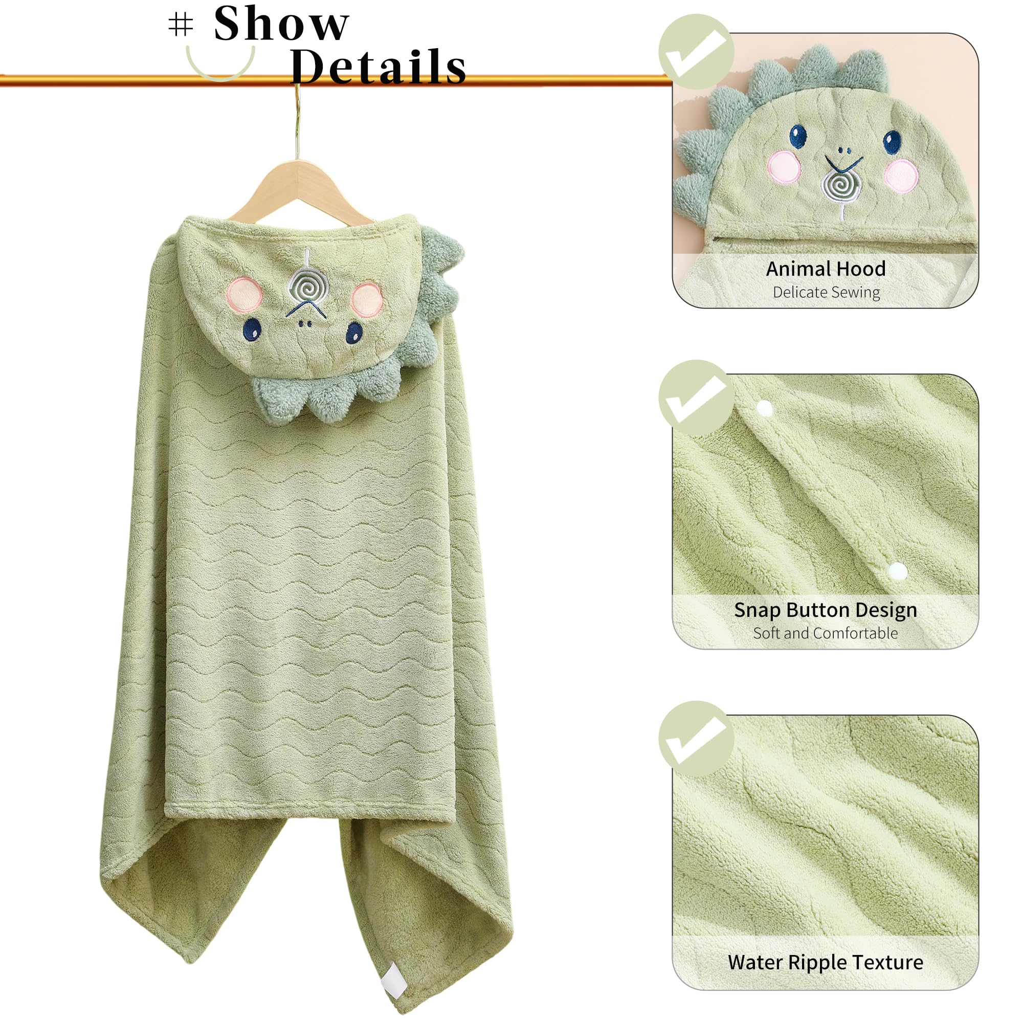 BEFACL Hooded Towel for Kids, 2 Pack Ultra Soft Coral Fleece Kids Bath Towels, Absorbent Toddler Towels with Hood Age 0-10 Years for Infant, Kids - Large 27.5 X 55 inch (Pink Rabbit & Green Dinosaur)