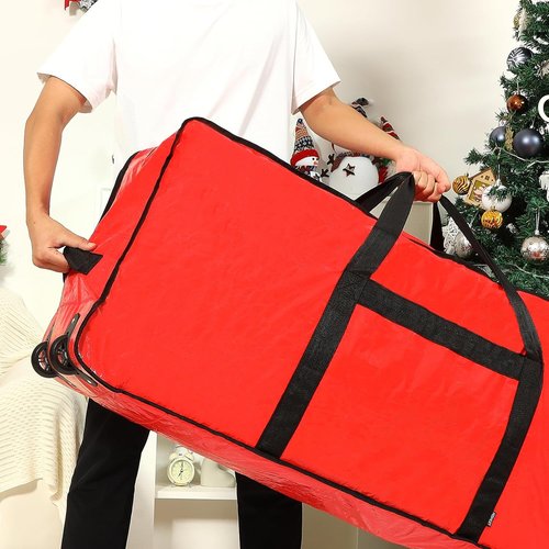 HOMEST Christmas Tree Storage Bag - Fits 7.5-9 Ft Artificial Trees | Zippered, Reinforced Handles & Wheels, Red