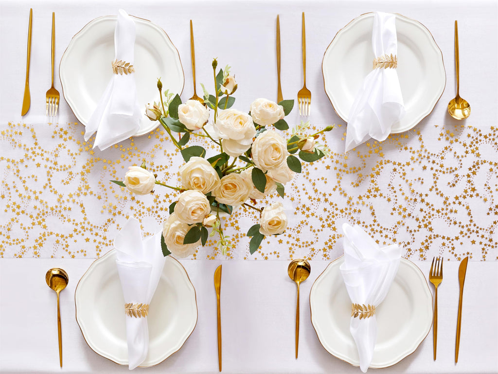YATOJUZI Gold Table Runner Easter Table Decorations, 16 Ft Golden Star Sheer Chiffon Tulle Table Runners, Sequin Glitter Metallic Gold Foil Centerpiece for Wedding Anniversary Birthday Party