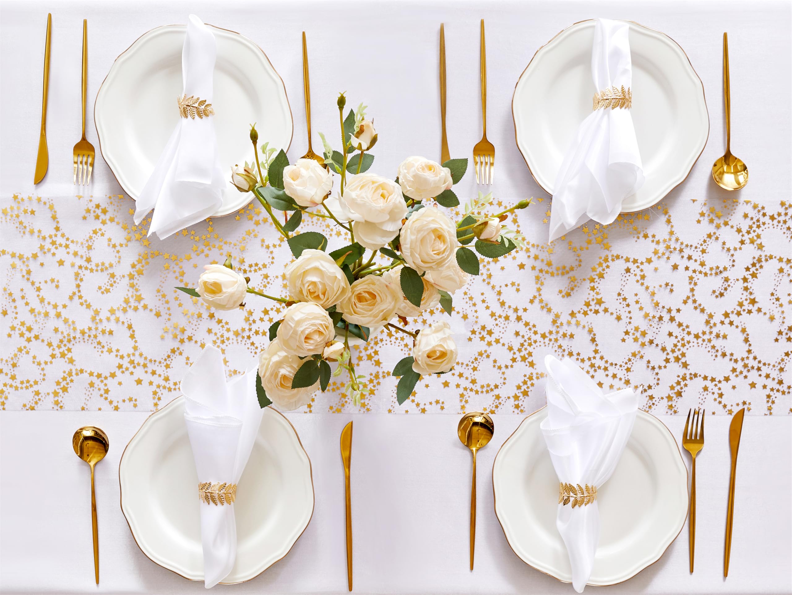 YATOJUZI Gold Table Runner Easter Table Decorations, 16 Ft Golden Star Sheer Chiffon Tulle Table Runners, Sequin Glitter Metallic Gold Foil Centerpiece for Wedding Anniversary Birthday Party