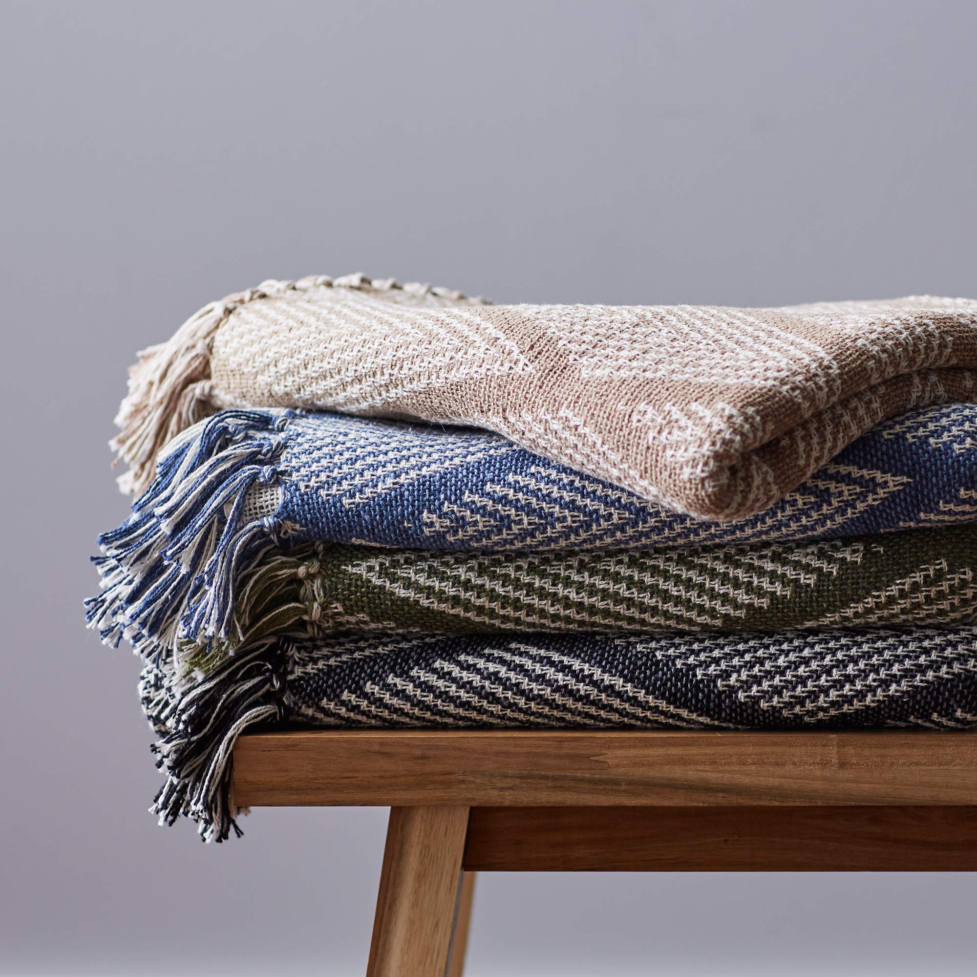 DII Diamond Throw Collection Fringed Woven Cotton Blanket, 50x60, Olive Green