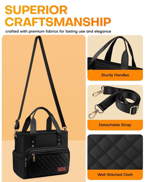 HOTOR Lunch Box for Women - Insulated Lunch Bag with Multiple Pockets, Portable Lunch Tote & Cooler with Handles & Adjustable Strap for Work, Picnic, Short Trip, 11.0" x 5.5" x 8.7", Black