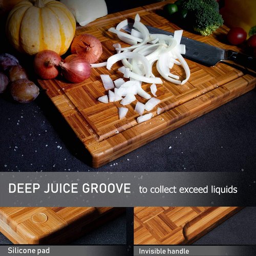 Kikcoin Extra Large Bamboo Cutting Boards - Set of 3 Chopping Boards with Juice Groove | Durable Kitchen Butcher Block