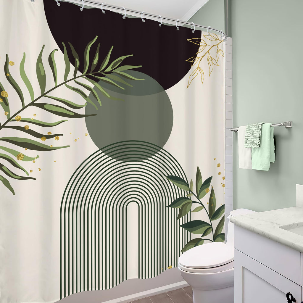 Mitpok Dark Green Boho Shower Curtain 60Wx72H Teal Green Modern Bohemian Mid Century Abstract Gold Leaves Plant Bathroom Decor Minimalist Geometric Neutral Bath Curtain Fabric Polyester 12 Pack Hooks