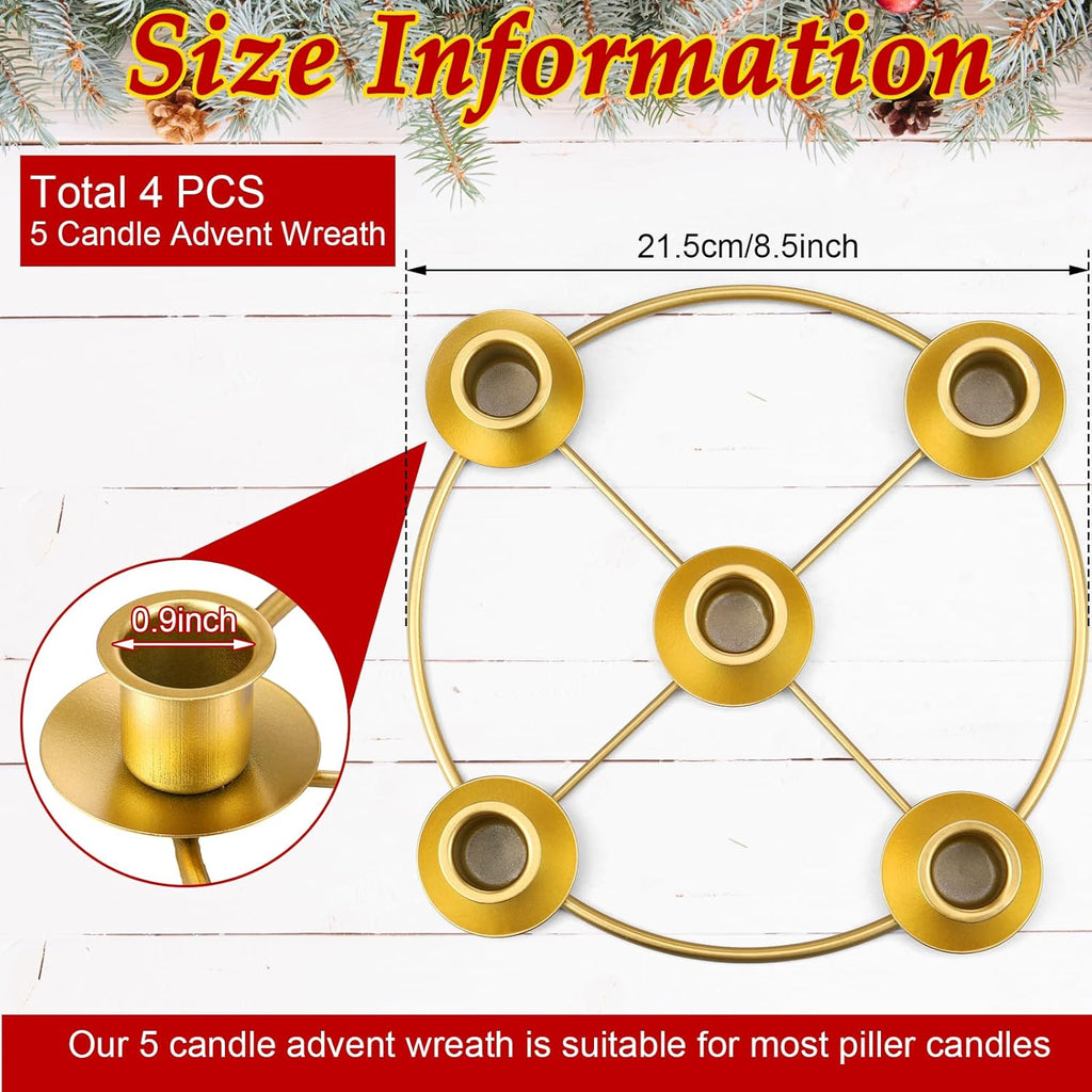Newtay Christmas Advent Wreath Candle Holder - 5 Candle, 8.5 Inch Metal Gold Ring for Holiday Decor