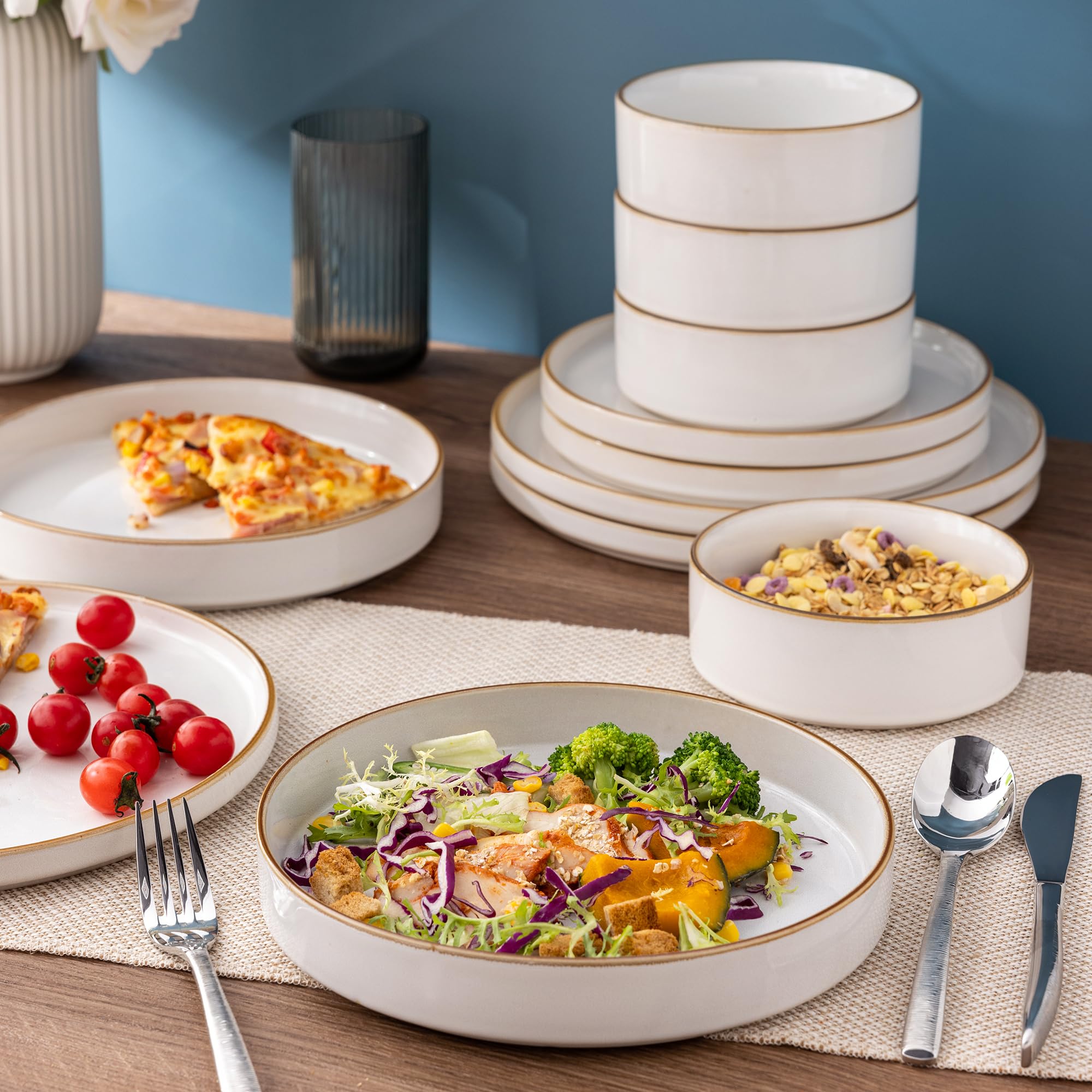 GBHOME Ceramic Dinnerware Sets for 4, 12 Pieces Stoneware Plates and Bowls Sets, Reactive Glaze Dishes -Scratch Resistant, Dishwasher&Microwave Safe-Pearl White