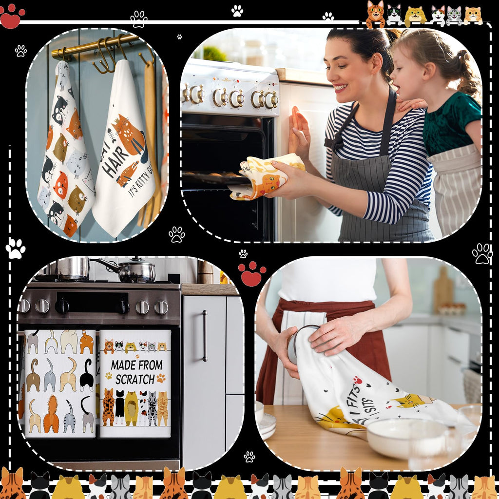 TecUnite 6 Pcs Cat Kitchen Towels Set Funny Cat Tea Towels Cute Dish Towel Decorative Hand Towel Cats Lover Gifts for Cleaning Drying Wiping Tasks Cats Owners Women Mom Housewarming Gifts Decor