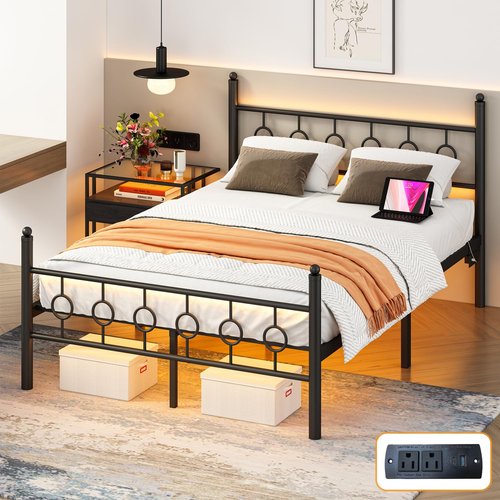 Jenmit Full Size Bed Frame with Headboard, Metal Platform Bed Frame with Charging Station & LED Lights, Storage Space Under Bed, No Box Spring Needed, Noise Free, Easy Assembly, Black