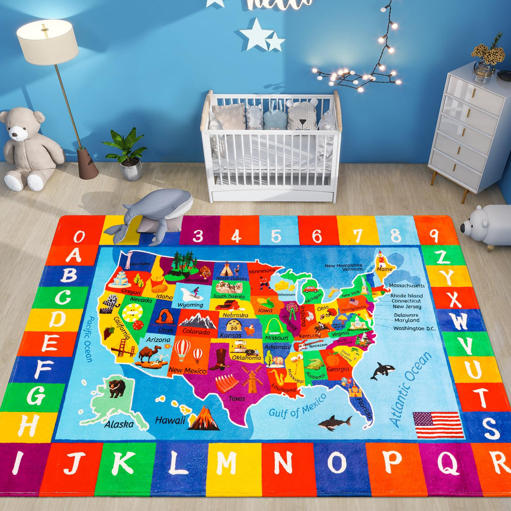 LTKOUGFAM USA Map ABC Kid Rug 39.4" × 63" for Playroom Geography Classroom Rug Educational Baby Playmat Alphabet Mat for Primary School Fluffy Ployester Non-Slip Preschool Carpet for Nursery Room