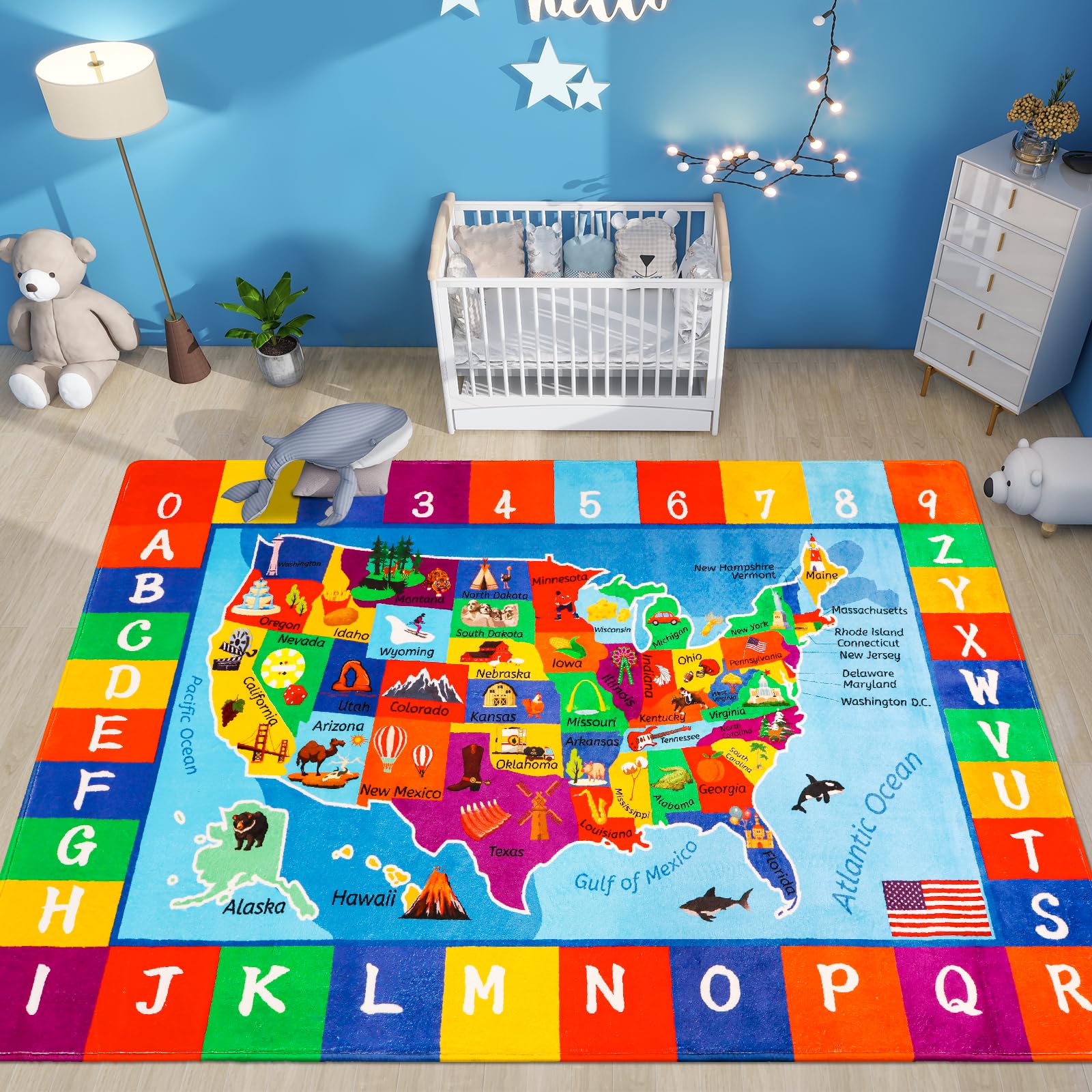 LTKOUGFAM USA Map ABC Kid Rug 39.4" × 63" for Playroom Geography Classroom Rug Educational Baby Playmat Alphabet Mat for Primary School Fluffy Ployester Non-Slip Preschool Carpet for Nursery Room