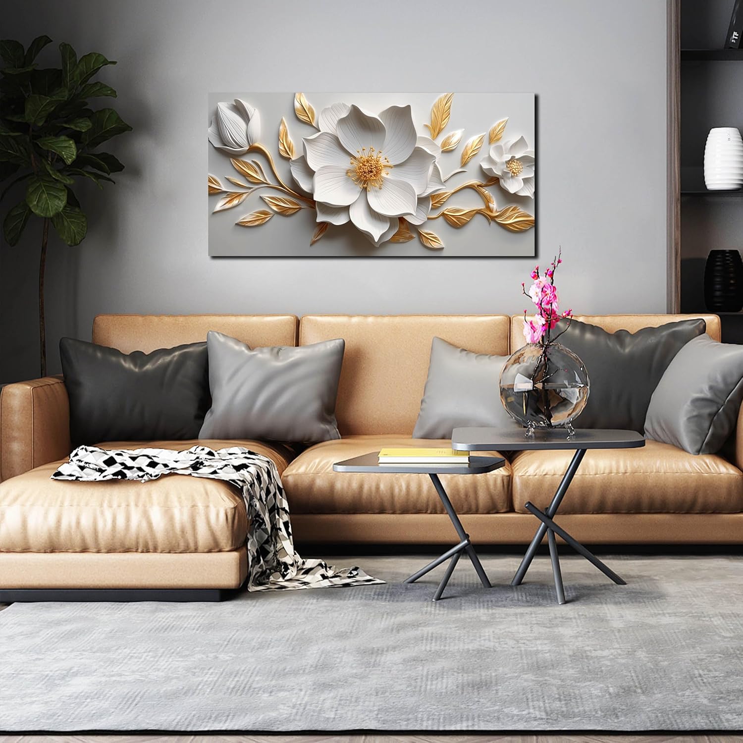 Skiennix Canvas Wall Art - Large White and Gold Floral Artwork for Living Room | 20x40 In Framed Decor