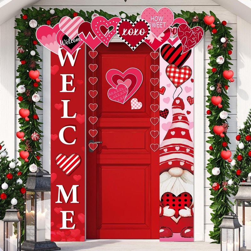 17 Pcs Valentine's Day Door Banner Decorations Set with Hearts Garland Love Heart Cutouts Red Buffalo Plaid Gnome Valentine Porch Welcome Sign for Home School Wall Indoor Outdoor Party Supplies Decor