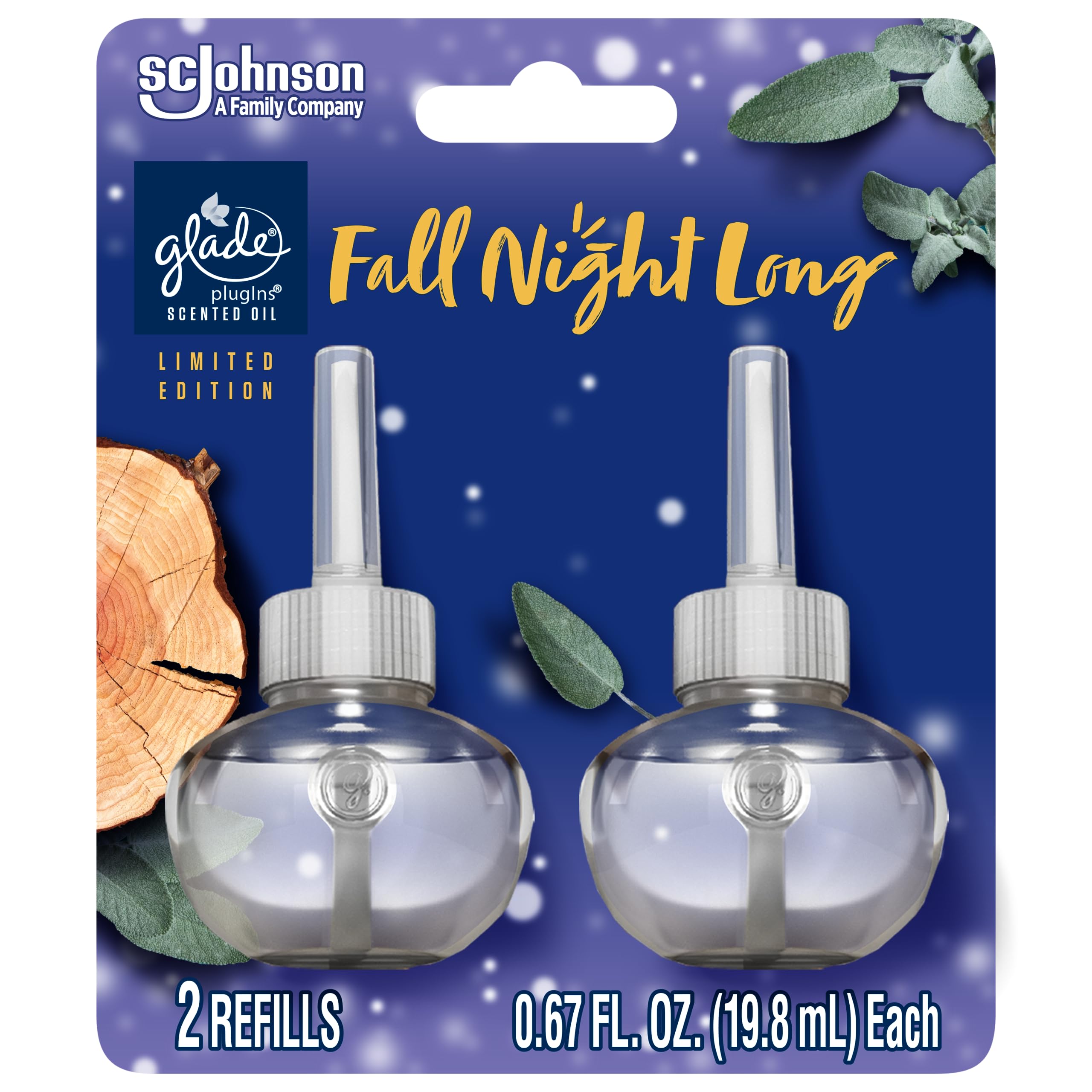 Glade PlugIns Refills Air Freshener, Scented and Essential Oils for Home and Bathroom, Fall Night Long, 1.34 Oz, 2 Count