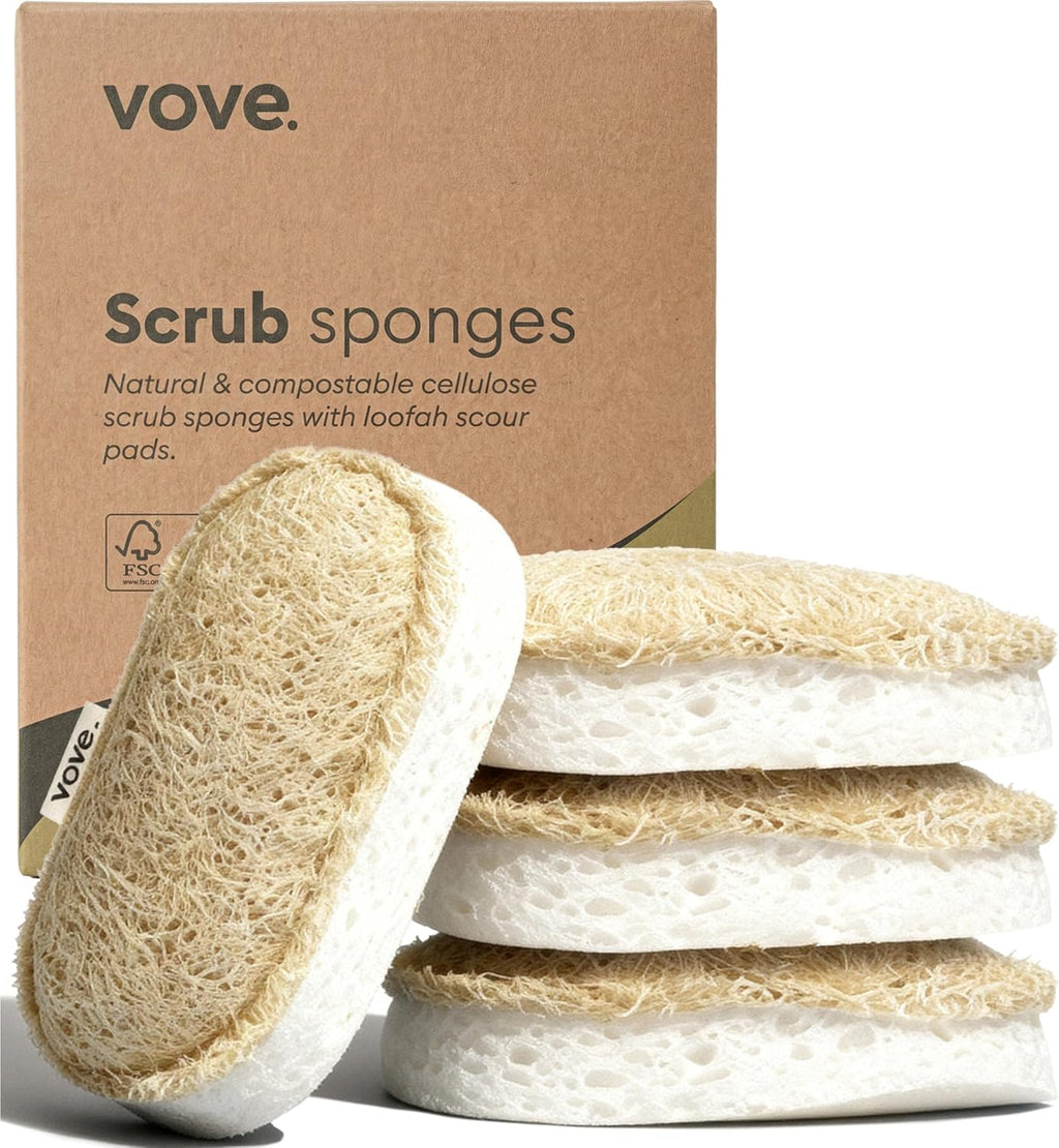 Vove Eco-Friendly Scrub Sponges - Natural Loofah & Cotton | 4 Pack for Kitchen & Bathroom Cleaning