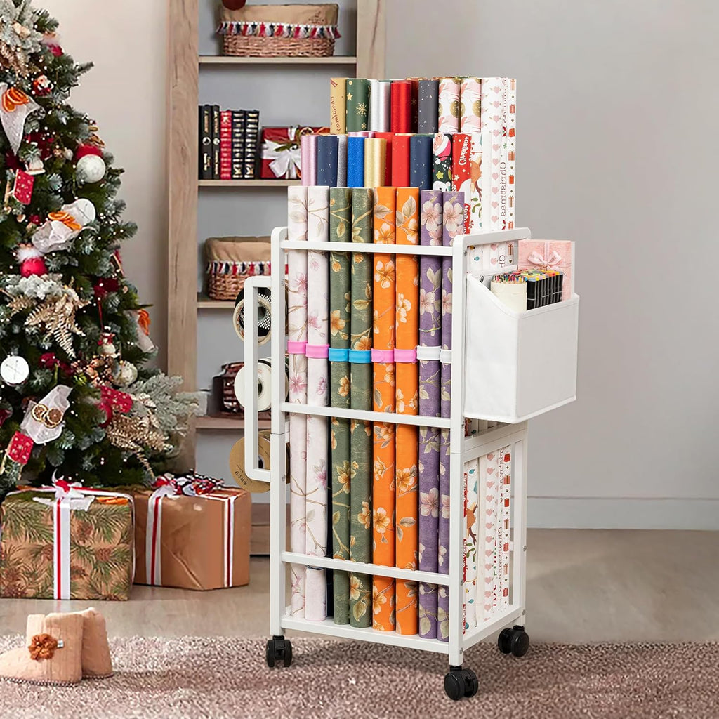 Aquzee Gift Wrapping Paper Organizer - Vertical Storage Cart with Adjustable Rod & Ribbon Holders | 12 PCS Slap Bracelets, White