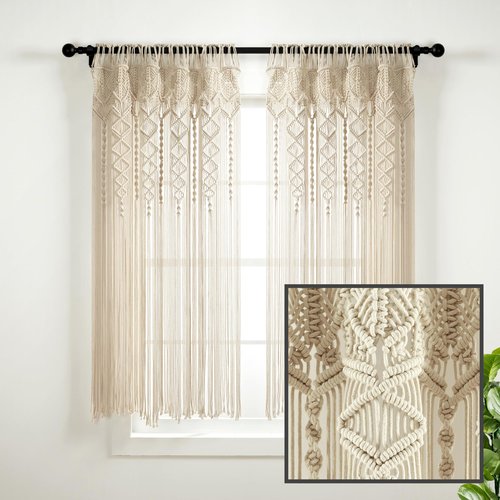 Lush Decor Boho Macrame Textured Cotton Window Curtain Panel Single 40" W x 63" L Neutral - Macrame Curtains for Windows, Room Divider, Boho Wall Decor