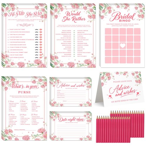 GAMSUNSTAR Bridal Shower Games-Heavy Cardstock,5 Fun Activities for 32 Guests, Includes Bingo,He Said She Said, Would She Rather,Whats in Your Purse,Advice and Wishes for The Mr and Mrs(Floral)